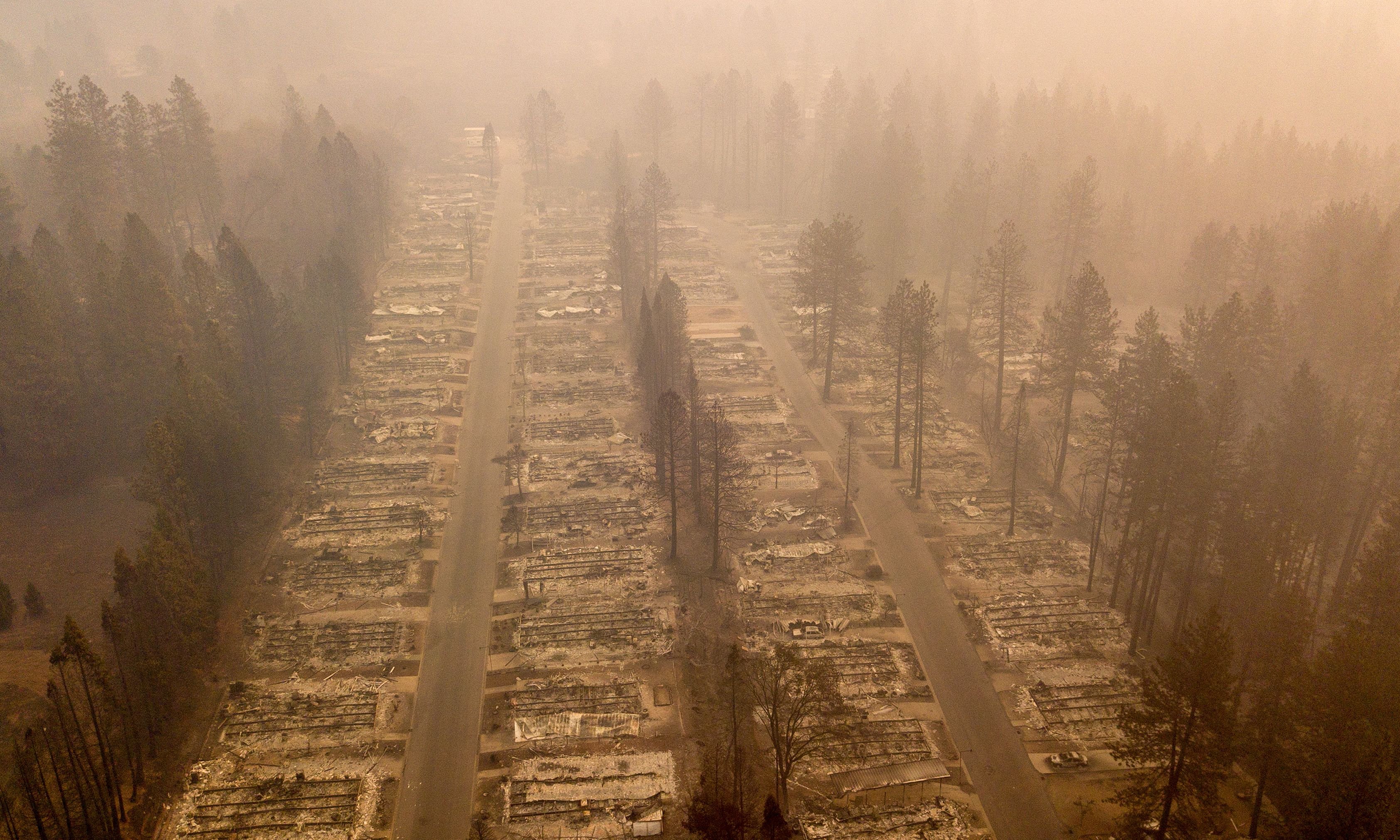 A neighborhood devastated by climate change-caused wildfire