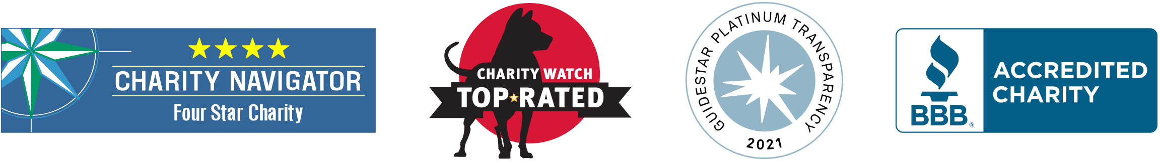 Charity Navigator 4 stars, Charity Watch top rated, Guidestar platinum, BBB accredited