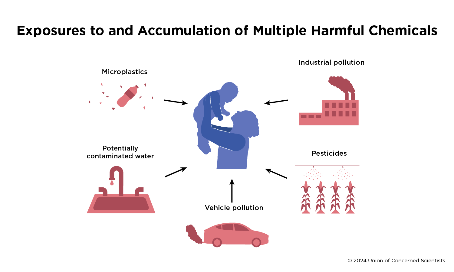 A graphic showing different sources of pollution that can have cumulative impacts, including pesticides, industrial pollution, vehicle pollution, plastics, and water contamination.