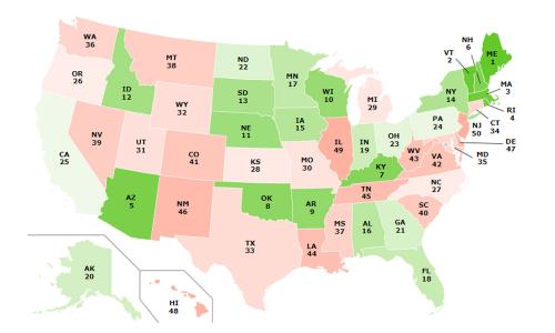 Map showing state rankings from food scorecard feature