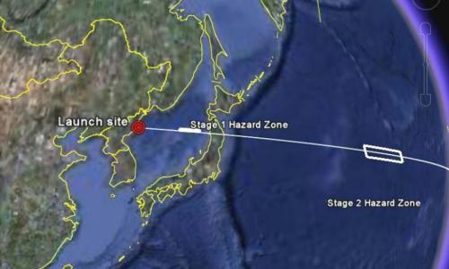 Diagram of North Korean missile path with hazard zones