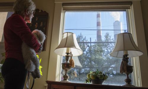 Woman and her dog look out the window at emissions from an industrial plant.