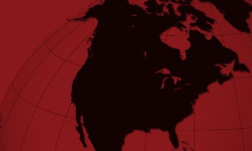 Map of North America with black landmass on red background