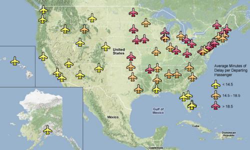 Map showing best and worst airports for flight delays