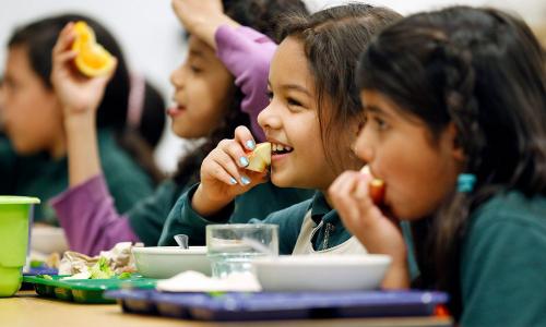 School children eating fruit in a cafeteria