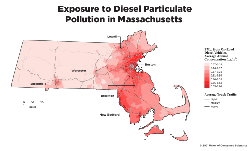 map of Massachusetts showing exposure to diesel particulate pollution 