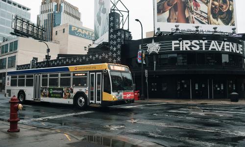 a metro transit bus on the corner of First Avenue in Minneapolis, MN, USA