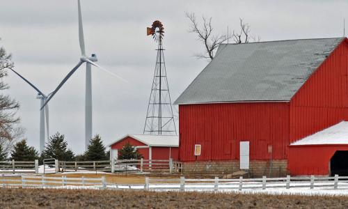 wind turbines and red barn in illinois